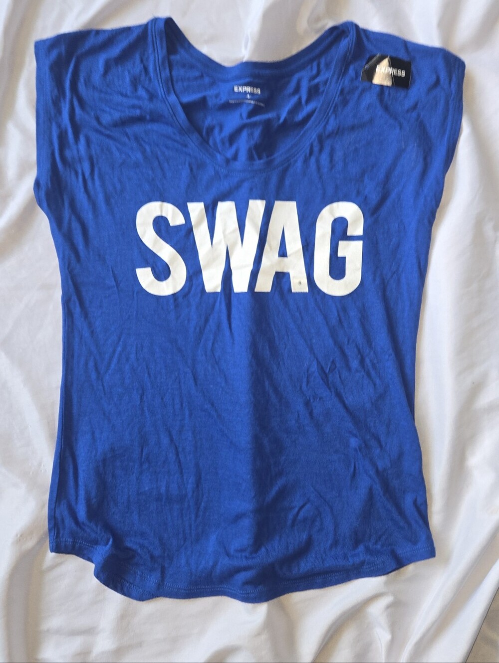 Express Women's Royal Blue Short Sleeve Tee with White 'SWAG' Graphic Small